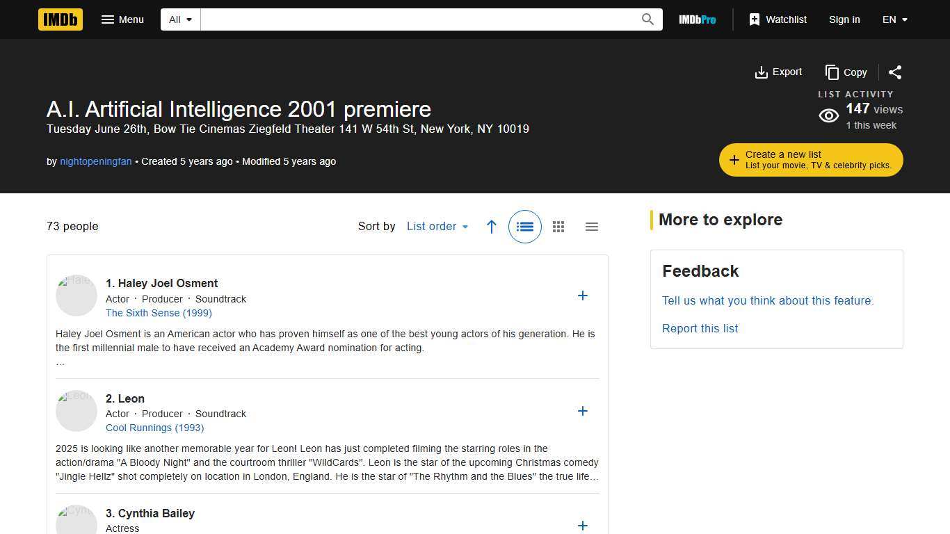A.I. Artificial Intelligence 2001 premiere